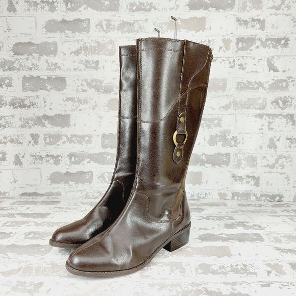 Civic Lila Brown Leather Elastic Calrf Block Heel Side Zip Tall Boots W20 - Picture 2 of 9